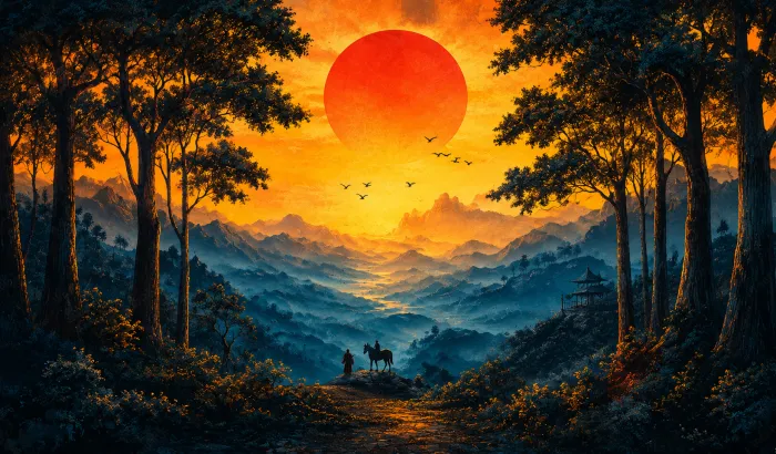 A giant glowing red sun sets behind misty blue mountains with silhouetted trees, a traveler, and a horse in the foreground. | PrintPosters.in
